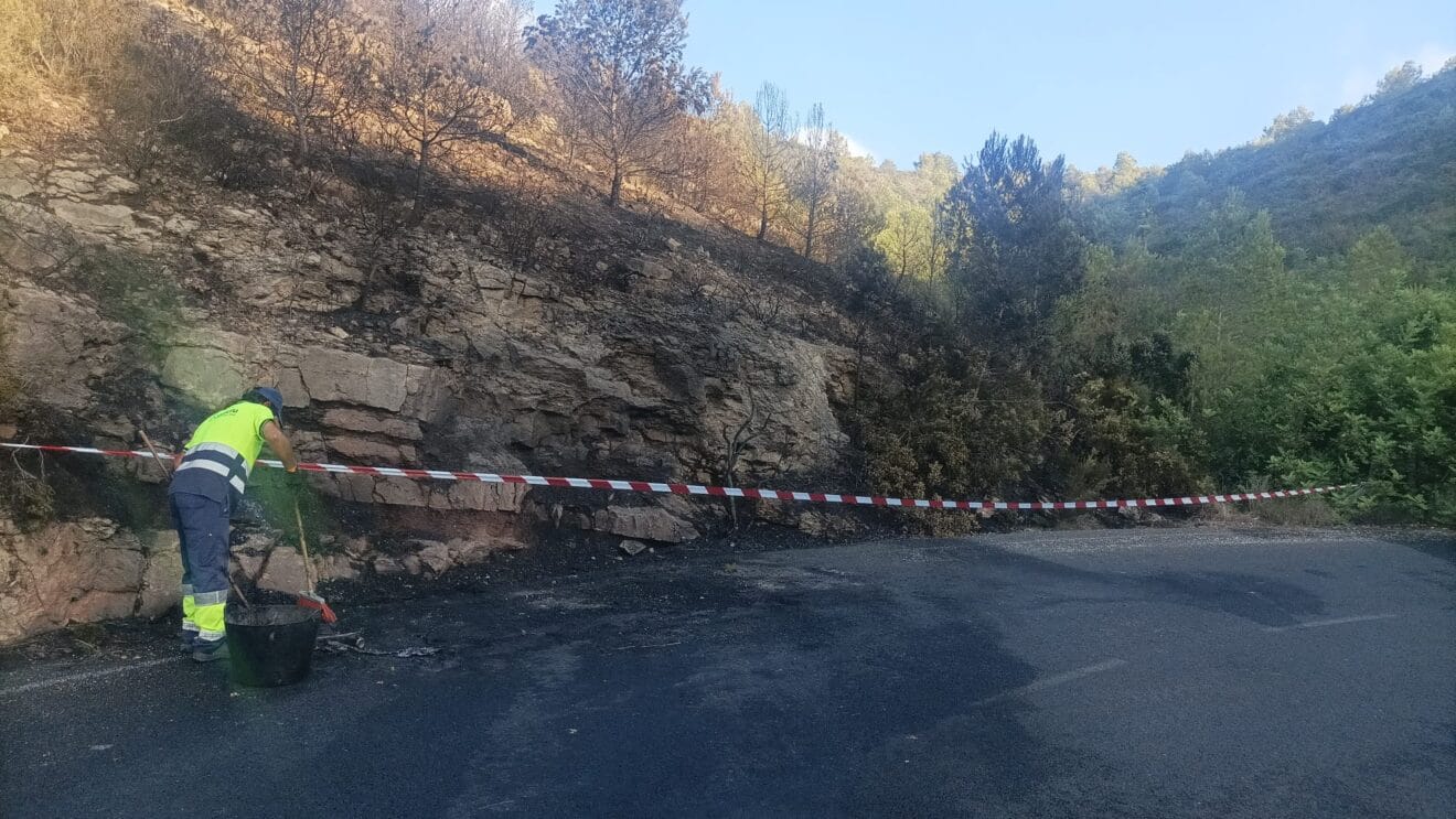 Zona afectada de la carretera de les planes por el incendio