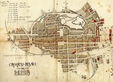 Croquis de Dénia con indicación de los lugares donde cayeron las bombas realizado por el maestro Francisco Cardona | Donado por Juan Cardona y Julia García al Arxiu Municipal