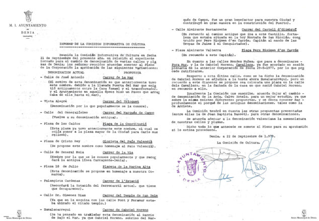 Imagen: Informe de la Comisión de Cultura de 1980 sobre el cambio de nombres del callejero de Dénia | Arxiu Municipal