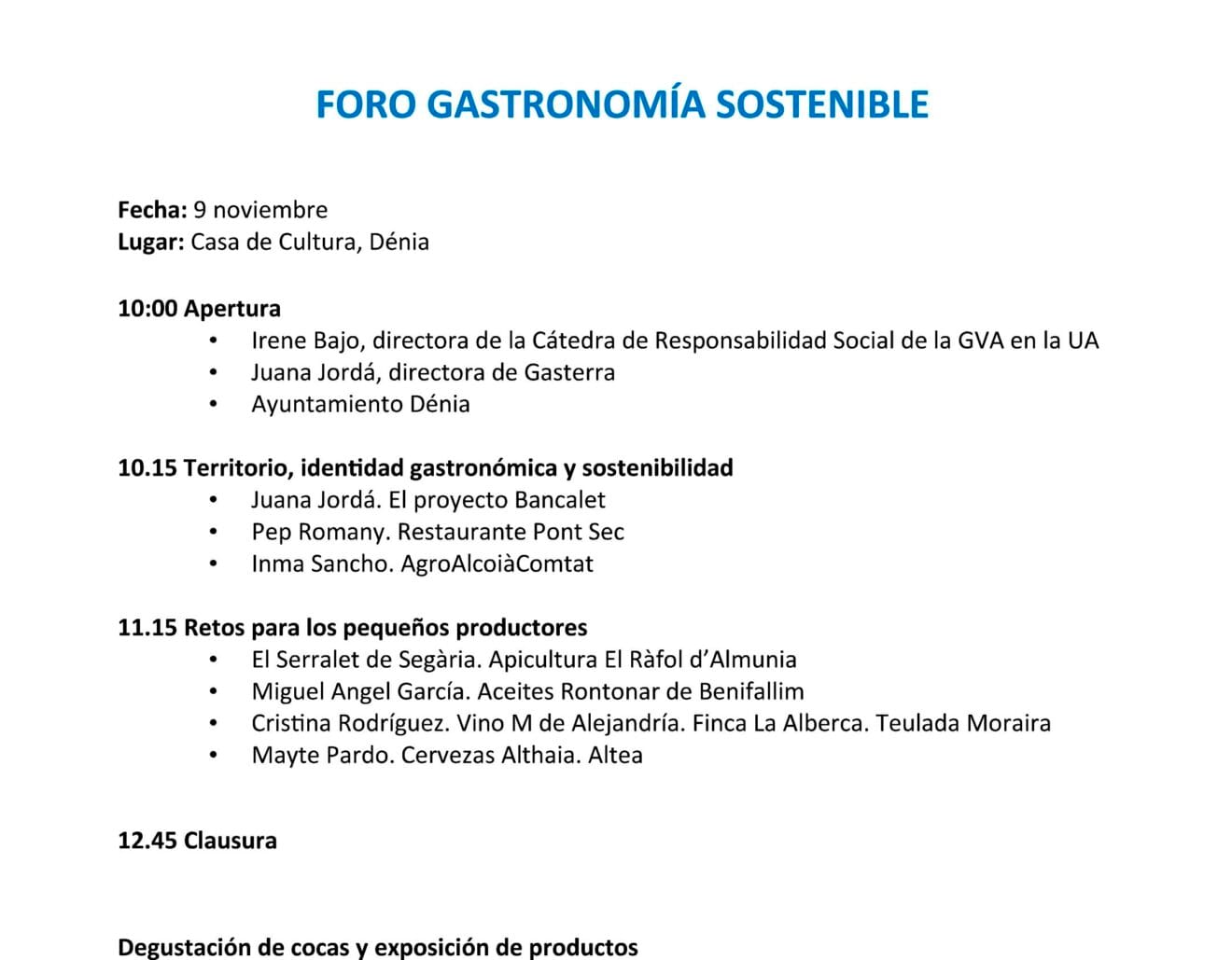 Programación del Foro de Gastronomía Sostenible