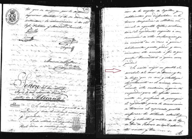 Imagen: Acta de la Diputación de Alicante del 7 de agosto de 1837 donde se firma la independencia de Diana, barrio marinero de Dénia (facilitada por Javier Calvo)