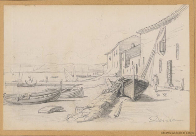 Imagen: Barrio de Baix la Mar hacia el sur dibujado por Rafael Monleón aproximadamente en 1870 | Fuente: Biblioteca Nacional (facilitado por Javier Calvo)