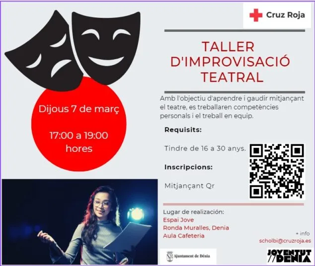 Los jóvenes de Dénia podrán aprender improvisación teatral este jueves 1 Imagen: Cartel del taller de improvisación teatral