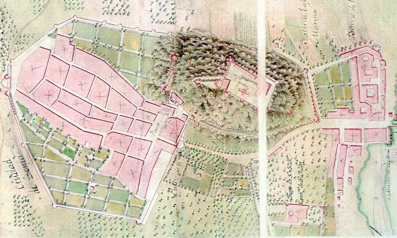 Distintos núcleos que se convirtieron en los municipios de Dénia y de Diana de 1837 a 1839 (plano facilitado por Javier Calvo)