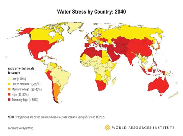 La vegetación del Montgó sufre de estrés hídrico, lo que podría provocar «un gran incendio» 3 Imagen: Predicción del estrés hídrico mundial según el World Resources Institute