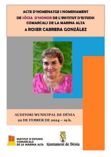 Roser Cabrera será nombrada socia de honor en el Institut d’Estudis Comarcals de la Marina Alta