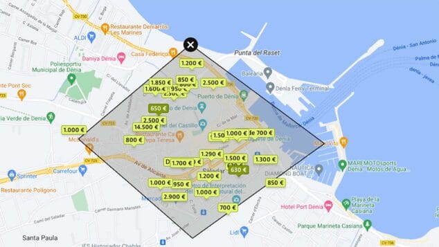 Imagen: Mapa de los alquileres de Dénia en una conocida plataforma