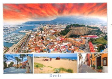 Playa, centro y cielo naranja en una postal de Dénia