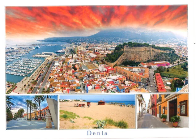 La Dénia de postal: cómo ha evolucionado la imagen con la que se vende la ciudad al turismo 1 Imagen: Playa, centro y cielo naranja en una postal de Dénia