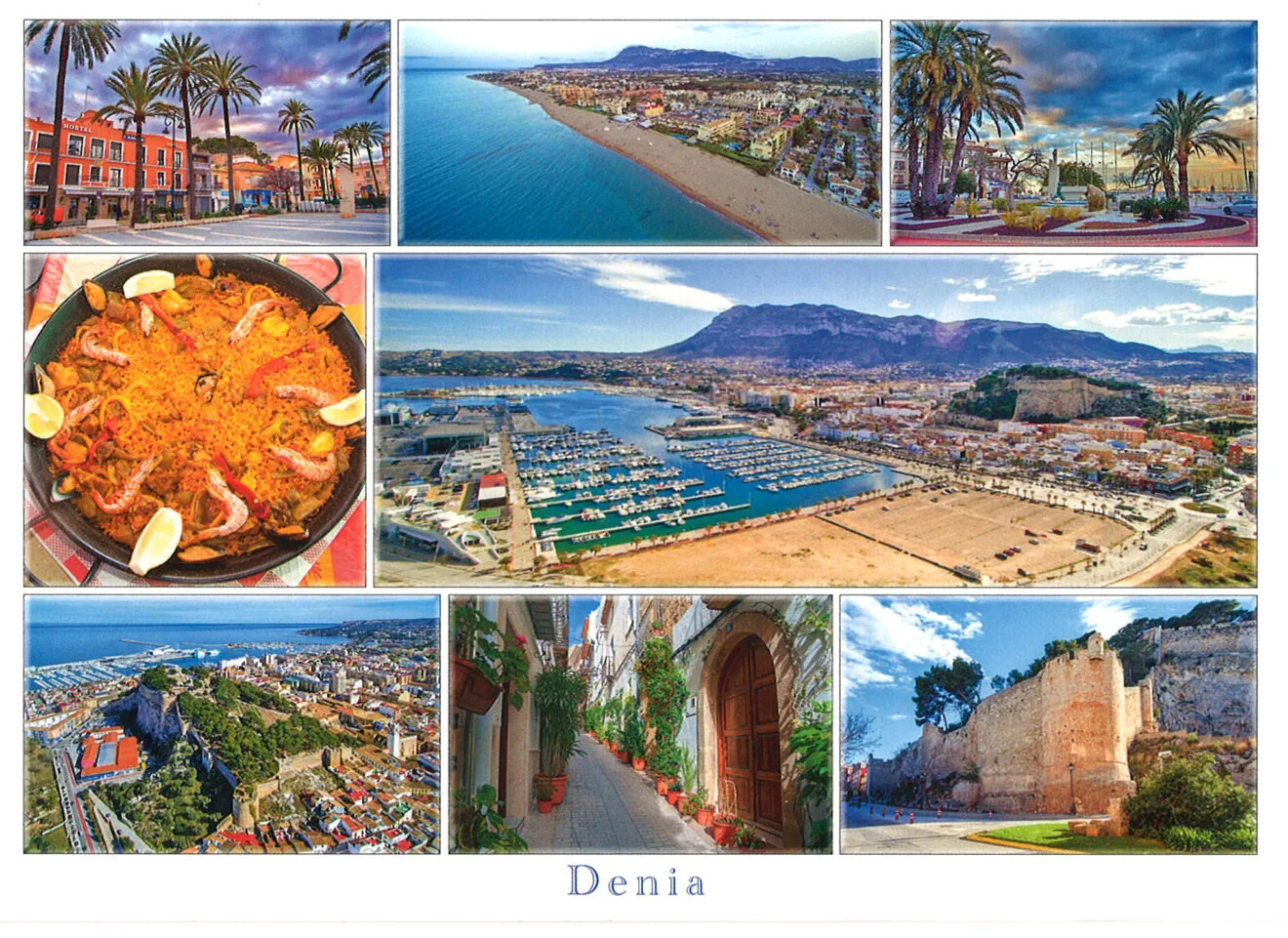 Postal de Dénia con una paella, el puerto, Les Marines, el Castillo y una calle de Xàbia