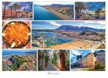 Postal de Dénia con una paella, el puerto, Les Marines, el Castillo y una calle de Xàbia