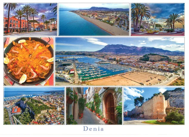 La Dénia de postal: cómo ha evolucionado la imagen con la que se vende la ciudad al turismo 14 Imagen: Postal de Dénia con una paella, el puerto, Les Marines, el Castillo y una calle de Xàbia