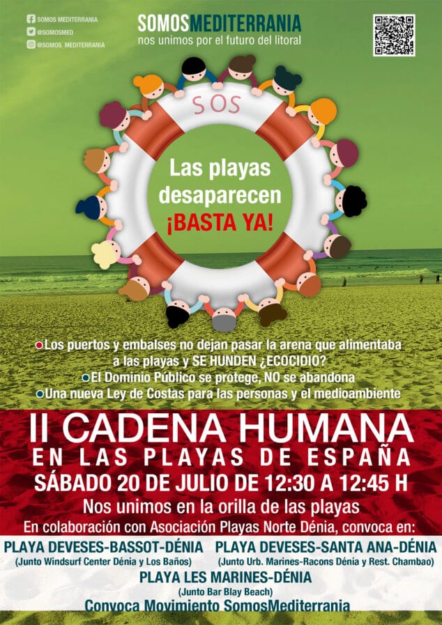 Imagen: Cadena humana convocada por la Asociación en Defensa de las Playas Norte de Dénia, en colaboración con SOMOSMEDITERRANEA