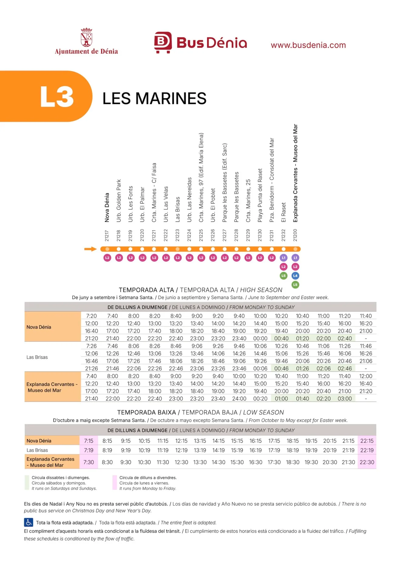 Horarios y paradas de la línea L3 de autobús de Dénia (Les Marines), dirección centro desde Nova Dénia hasta Explanada Cervantes para temporada alta y baja