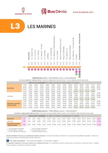 Horarios y paradas de la línea L3 de autobús de Dénia (Les Marines), dirección centro desde Nova Dénia hasta Explanada Cervantes para temporada alta y baja