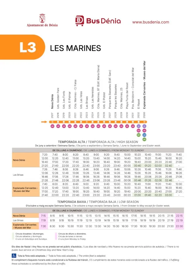 Imagen: Horarios y paradas de la línea L3 de autobús de Dénia (Les Marines), dirección centro desde Nova Dénia hasta Explanada Cervantes para temporada alta y baja