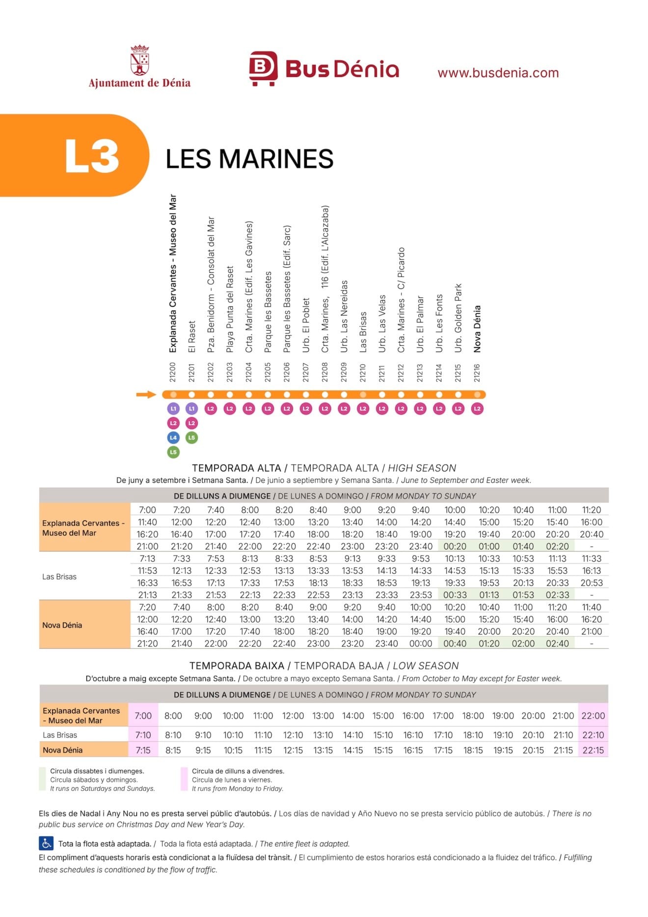Horarios y recorrido de la línea L3 de Bus Dénia en dirección Les Marines, saliendo de Explanada Cervantes hacia Nova Dénia
