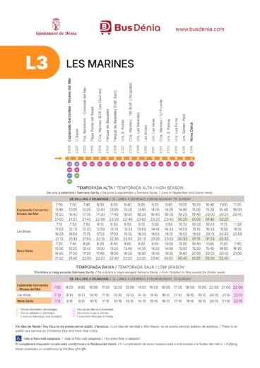 Horarios y recorrido de la línea L3 de Bus Dénia en dirección Les Marines, saliendo de Explanada Cervantes hacia Nova Dénia