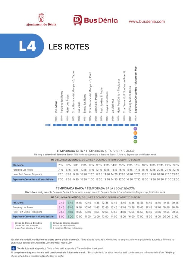 Abbildung: Fahrplan und Haltestellen der Buslinie L4 in Dénia (Les Rotes) Richtung Zentrum von Restaurante Mena zur Explanada Cervantes für die Haupt- und Nebensaison