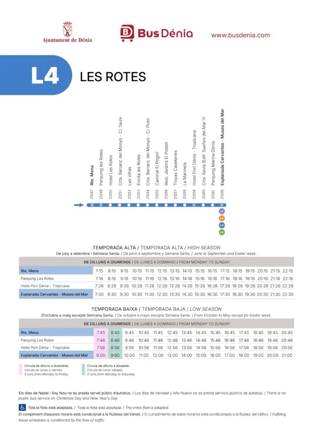 Imagen: Horarios y paradas de la línea L4 de autobús de Dénia (Les Rotes), dirección centro desde Restaurante Mena hasta Explanada Cervantes para temporada alta y baja