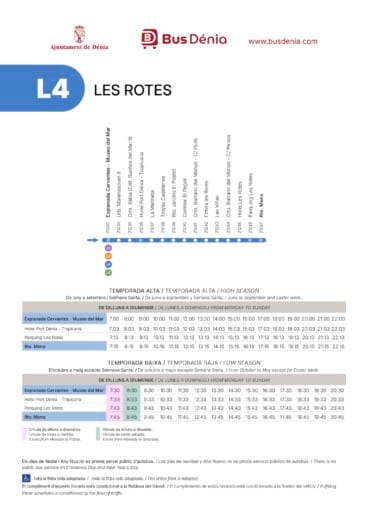 Horarios y recorrido de la línea L4 de Bus Dénia en dirección Les Rotes, saliendo de Explanada Cervantes hacia Restaurante Mena