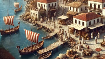 recreacion de una aldea griega costera dall e