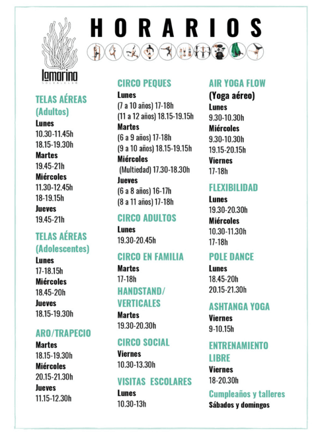 Imagen: Horarios del curso 20242025 de La Escuela de Circo La Marina Social Club
