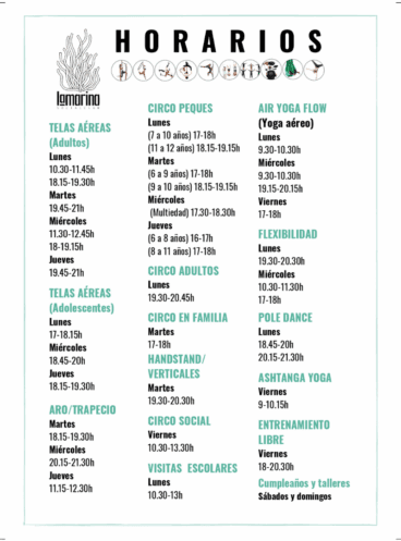 Horarios del curso 2024_2025 de La Escuela de Circo La Marina Social Club