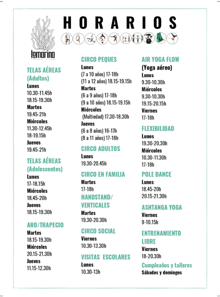 Horarios del curso 2024_2025 de La Escuela de Circo La Marina Social Club