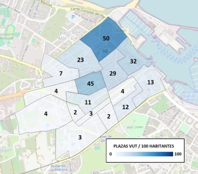 La situación de la vivienda de Dénia, en 10 titulares 4 Imagen: Número de plazas de alojamientos turísticos por habitante en cada barrio del casco urbano de Dénia