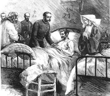 Alfonso XII en un hospital de Aranjuez con pacientes de cólera. Biblioteca Nacional de España.