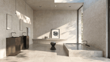 Baños de estilo mediterráneo con grifería moderna y acabados elegantes, perfectos para un ambiente de relax