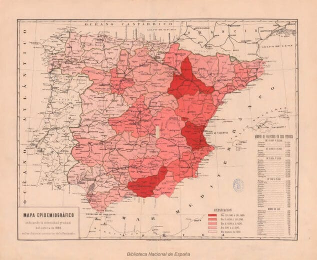 Imagen: Intensidad del cólera por provincias en 1885. Biblioteca Nacional de España.