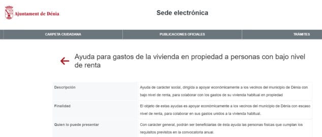 Abierto el plazo para solicitar las ayudas del Ayuntamiento de Dénia para gastos unidos a la vivienda habitual de personas con bajo nivel de renta 1 Imagen: Página para solicitar las ayudas