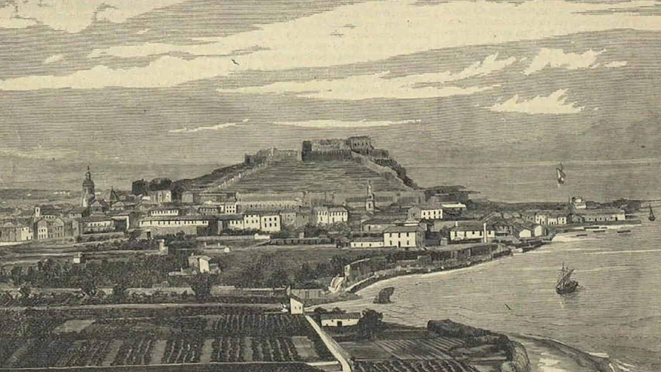 Vista de Dénia en 1882. Fuente Historia de Dénia, D. Roque Chabás Llorens. dest
