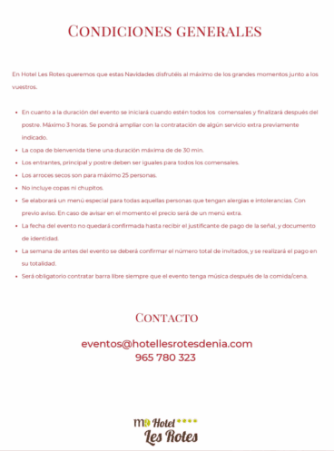 Condiciones generales de los menús de Navidad y empresa de Hotel Les Rotes