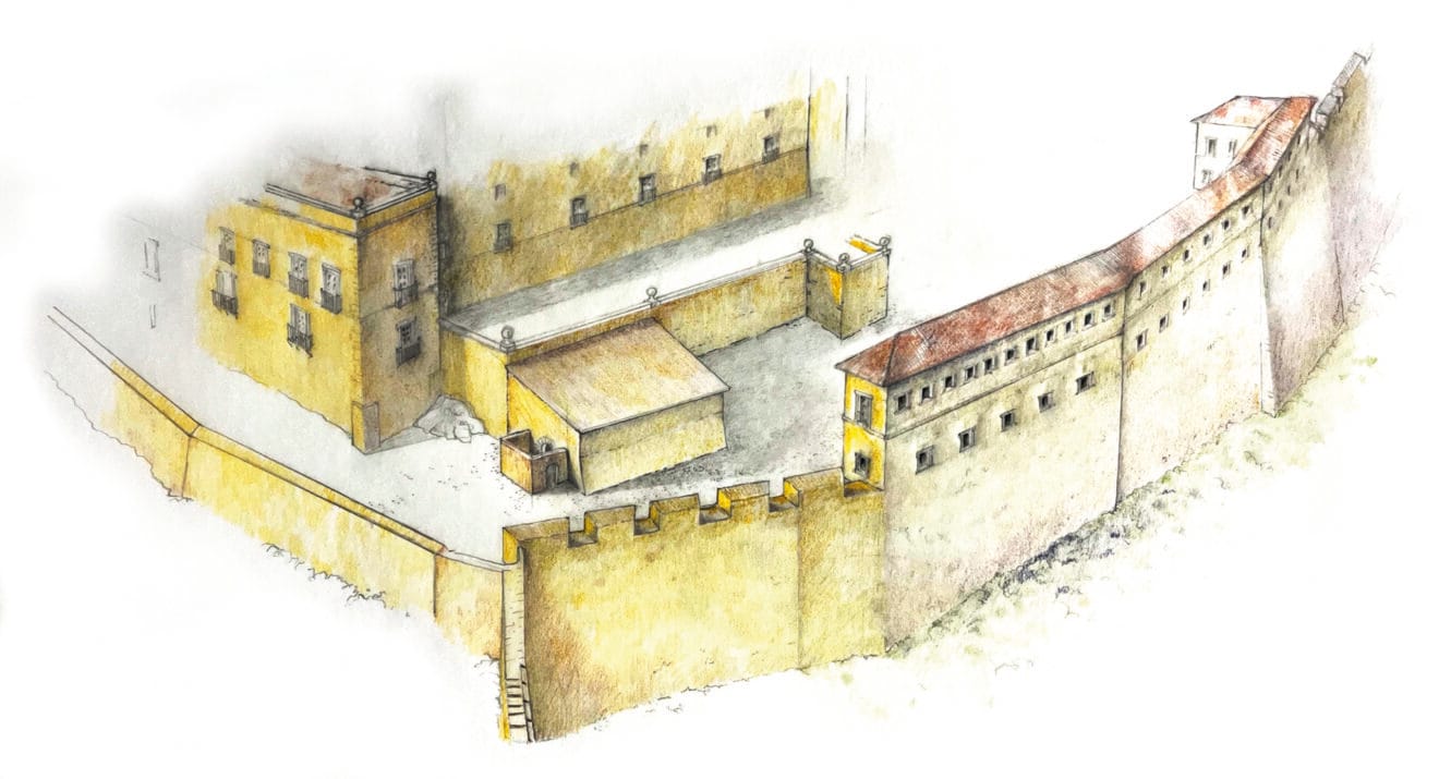 Cuartel de les gitanas. Castell de Dénia. Restitución de Miquel Ortolà Guinnot. Museu Arqueològic de la Ciutat de Dénia.