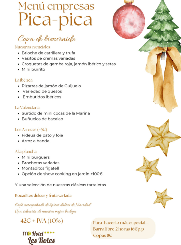 Celebra tus comidas de empresa con los exquisitos menús festivos de Hotel Les Rotes 9 Imagen: Menú de empresa Pica-pica en Hotel Les Rotes