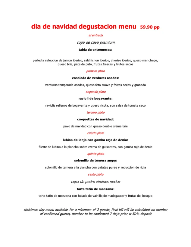 menu degustacion para navidad 2024 en movida denia