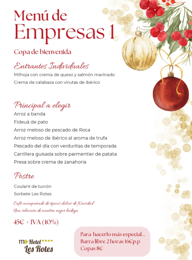 Celebra tus comidas de empresa con los exquisitos menús festivos de Hotel Les Rotes 7 Imagen: Opción 1 de menú de empresa 2024 en el Hotel Les Rotes