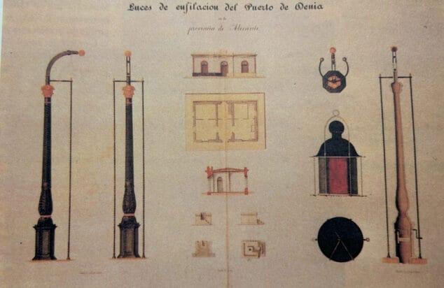 Imagen: Proyecto de luces de enfilación de 1861 del puerto de Dénia. Inventario de Faros del Mediterráneo, Alumbrado Marítimo. Consejo Superior de Obras Públicas, Madrid, 1878.