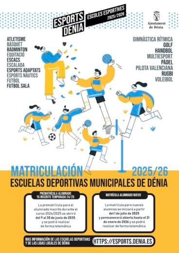 Cartel de la matriculación de las escuelas deportivas de Dénia para 2025-2026