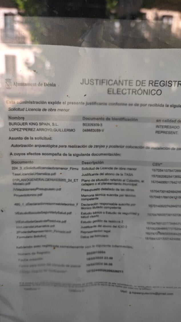 Imagen: Justificante en el que se menciona a Burger King España como empresa interesada en la licencia de obra menor