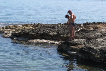 Bañistas mirando el banco de medusas desde fuera del agua