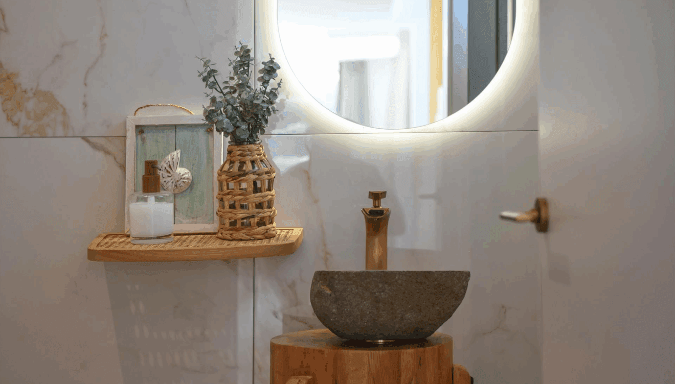 Baño en suite con doble lavabo y ducha en Villa Bali