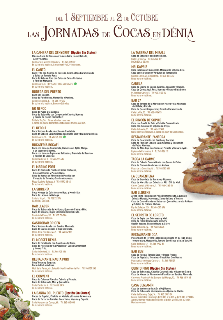 Variedad de cocas en los restaurantes de Dénia para Jornadas de Cocas 2025