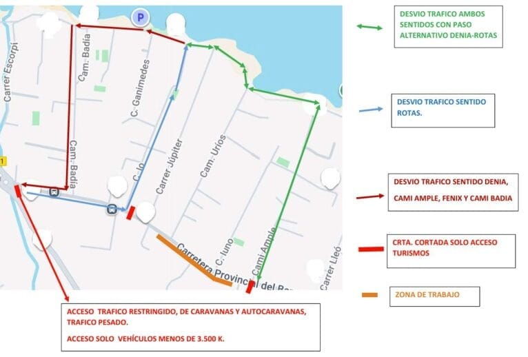 Plano de los cortes y desvíos en Les Rotes