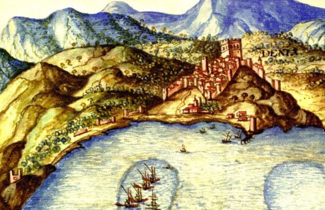 Imagen: Detalle del grabado de Pedro Teixeira (1634) mostrando la ciudad y el Castell d'Olimbroi de Dénia.