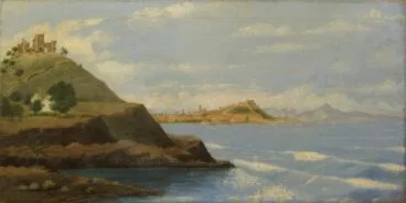 Cuadro de principios de 1900 donde se aprecia, en primer plano, el Castell d’Olimbroi (Ermita de Sant Nicolau) y, al fondo, el Castillo de Dénia. Imagen compartida por Rossa Bertomeu en el grupo Dénia Antiga