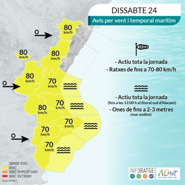 Las rachas de viento obligan a cerrar espacios públicos en Dénia 1 Imagen: Mapa de la AEMET para el sábado 24, con aviso por viento y temporal marítimo en la Comunitat Valenciana